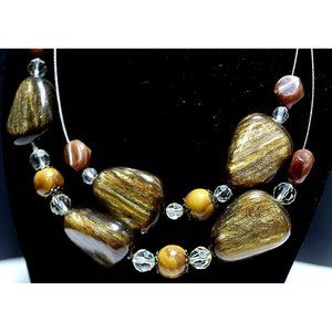 Brown Chunky Stone Mixed Bead Necklace Boho Double Strand Facet Silver Wire VTG